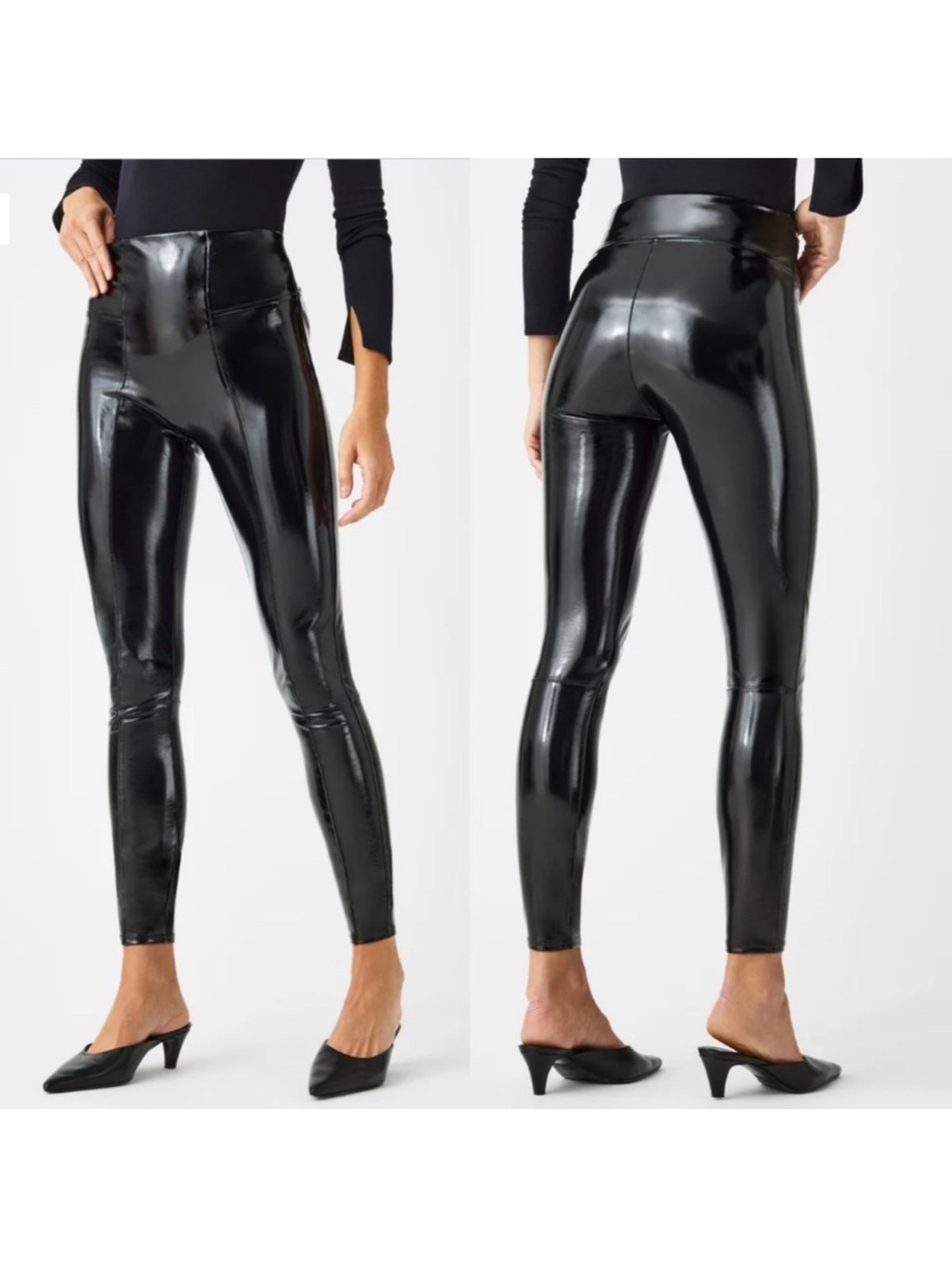 Spanx Faux Patent Leather Leggings Womens Large Tall Black Slimming Pull-On FLAW
